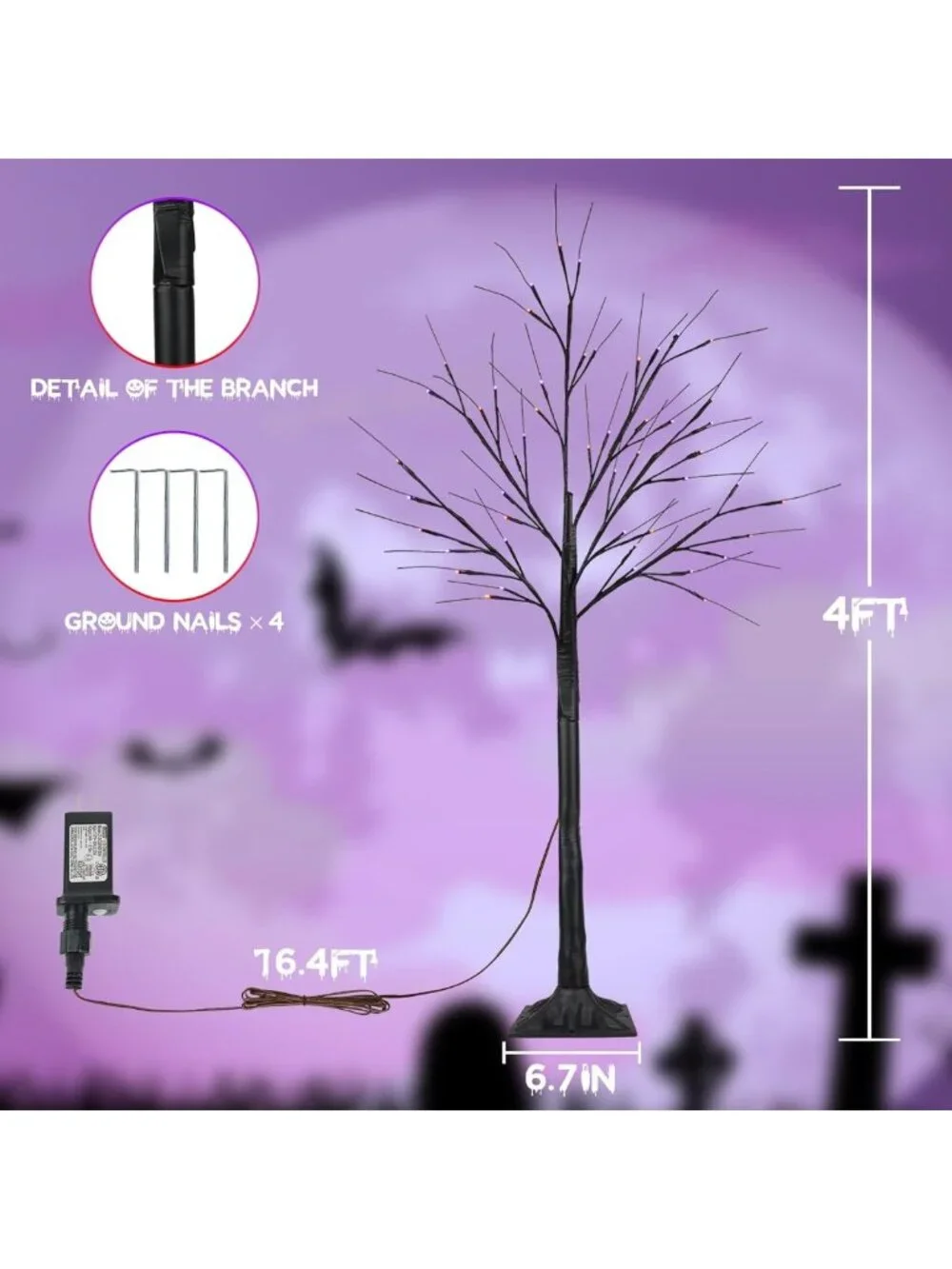 2 Pack 4FT Black Halloween Tree with 100 LED Orange & Purple Lights - Spooky
